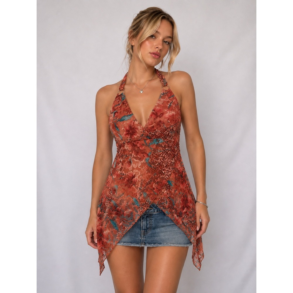 Y2K Sheer Floral Halter Top Asymmetrical Hem Boho Fairycore Leopard Print Tank L